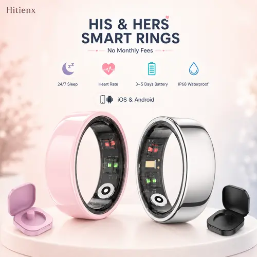 Hitienx Couples Smart Ring - Wearable Device, iOS/Android Compatible, Bluetooth, 24H Sleep Tracking, Heart Rate, HRV, Blood Oxygen, Temperature, Mood Monitor, Pedometer, 5-Day Battery, IP68 Waterproof, Summer Gift, Fitness Tracker