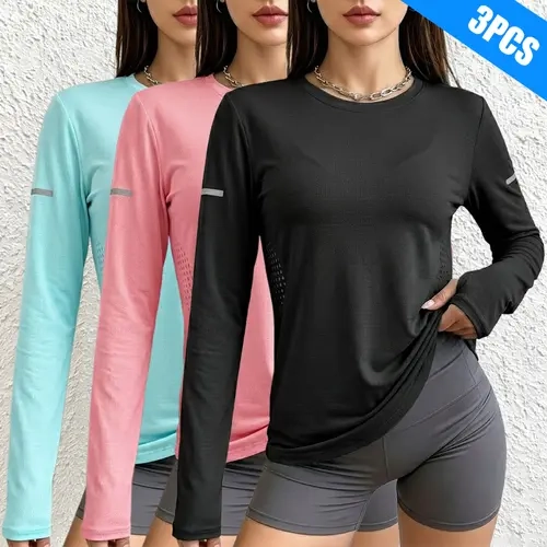 Women's 3-Pack Solid Plain Lightweight Long Sleeve Athletic T-Shirts - Fold Activewear Tee, Running T-Shirt, Gym Clothes for Commuting, Daily Workout Sets Women Sportswear