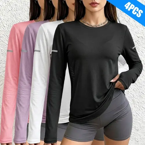 Women's 4-Piece Plain Long-Sleeve Tops - Casual Sporty Athletic Style Activewear Blouse, Women's Tops for Exercise, Outdoors Hiking & Leisure Use
