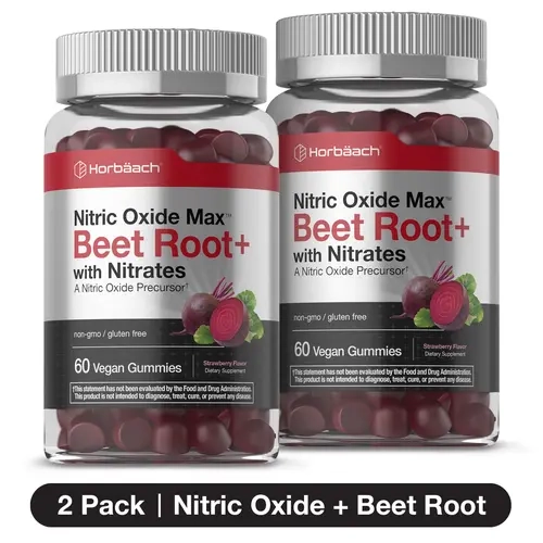 DOUBLE PACK Nitric Oxide Beet Root Gummies - 60 Count - with Nitrates - Strawberry Flavor - Vegan, Non-GMO, Gluten Free Supplement