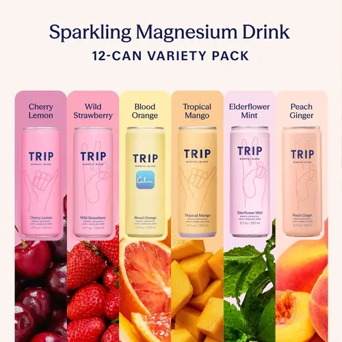 NEW - TRIP Ultimate Sampler Variety Pack Sparkling Magnesium Drink — 120mg Magnesium, Ashwagandha, Lion's Mane, L-Theanine, Non-Alcoholic, No Added Sugar, Vegan (12-Pack, 12oz)