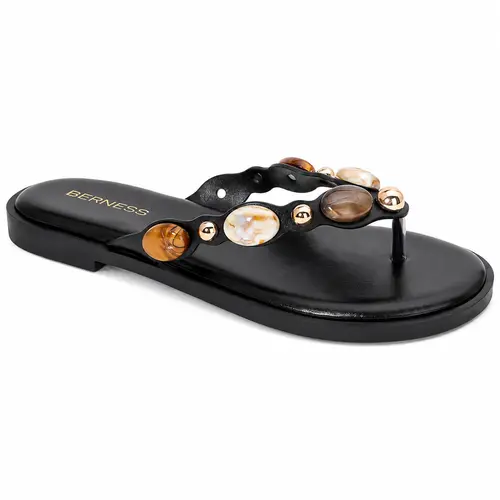 BERNESS Phila Women's Thong Toe Slip-On Flat Sole Flip Flops - Sparkly Beaded Shell-Look Sandals, Gold-Tone Decorative Accents, Unique Elegant Casual Beach Shoes for Women