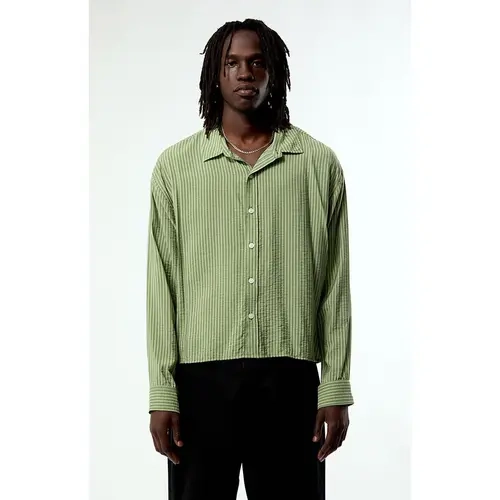 Pacsun Men's Green Striped Boxy Long Sleeve Shirt