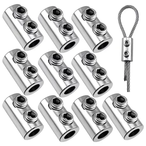 GJANSH 10Pcs Stainless Steel Wire Rope Clamps, 1/8" Double Hole Wire Cable Clips with L-Wrench, Heavy Duty Cable Crimp Loop Fastener for Garden, Camping, DIY Hanging Projects