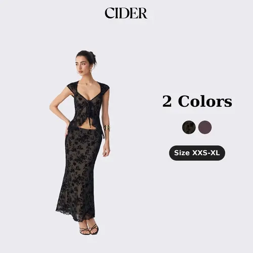 Cider 2-Piece Flocked Mesh Floral Tie Front Top & Mid Rise Midi Skirt Set