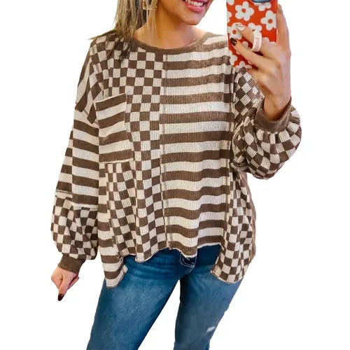 EVALESS Women's Mixed Checker-Striped Waffle Knit Pullover, Oversized Bubble-Sleeve Top with Raw Hem and Patch Pocket Knitwear Womenswear