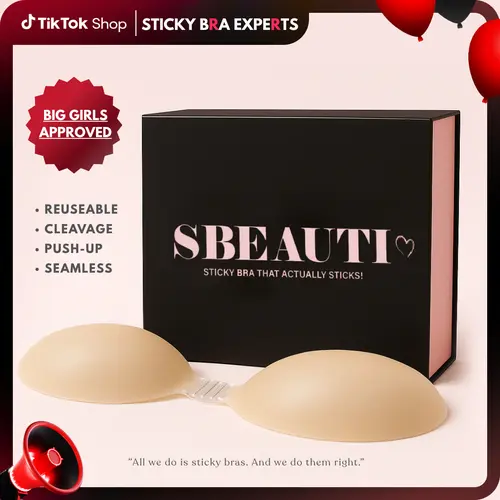 SBEAUTI Women's G-Size Classic Silicone Puff Sticky Strapless Bra Push Up - Basic All Seasons Adhesive, Sweatproof Soft Backless Invisible Reusable, Replaceable Pads, Hand Wash for Party, Wedding (Deep V, Low Cut, Off-Shoulders)