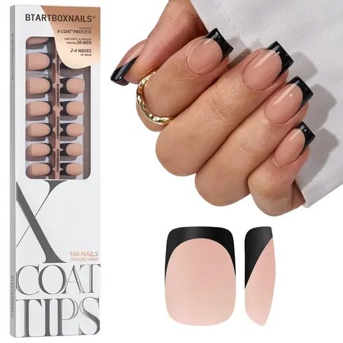 BTArtboxnails XCOATTIPS Cute Fashion Unisex Press on Nail Sets - 160pcs Soft Gel Soak-Off Extensions, Black French, Peach Tones, Multiple Shapes (Square, Almond, Coffin)