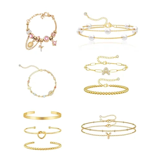 【Tewiky】Women's 14-Carat Gold Bracelet Set - Stackable Bracelet Stack, Fashionable Female Gold Jewelry, Waterproof, Non-Fading, Delicate Layered Bangles, Women's Costume Jewelry Gift Accessory
