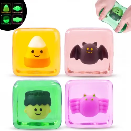 JOYIN 4pcs Glow-in-the-Dark Halloween Stress Cube, 2'' Slow Rising Ice Cube Squishy Toys, High Density Relief Stress Balls, Sensory Toy for Kids, Party Favors, Trick or Treating, Classroom Prize