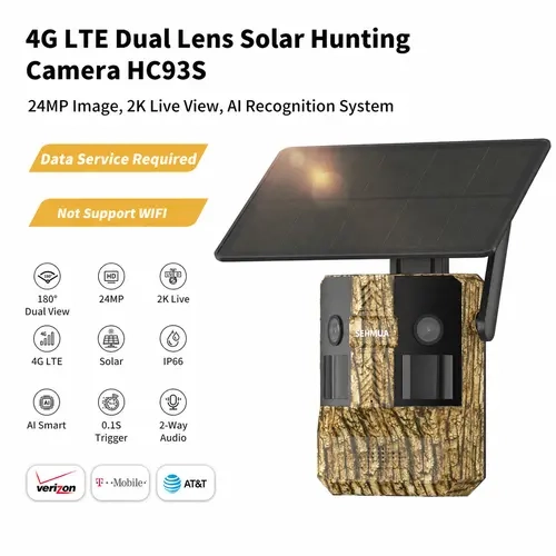 [TechVibes]4G LTE Dual Lens Trail Camera with 180 Degree Wide View, Solar Cellular Hunting Camtera, 2K Video, 24MP Photo, Night Vision, Live View, AI Animal Detection, IP66, App Remote Control, 4G LTE Data Plan Need Activation