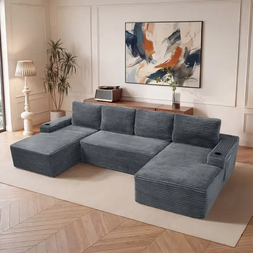 Niccae 6-Seater U-Sectional Cloud Soft Sofa Set, Compressible Modular Corduroy Boneless Sectional Couch with Fixed Arms, Built-In Cupholders, Foam-Spring Support, Comfy Living Room Couches Boneless (Sub 3 Packages, Easy Unboxing)