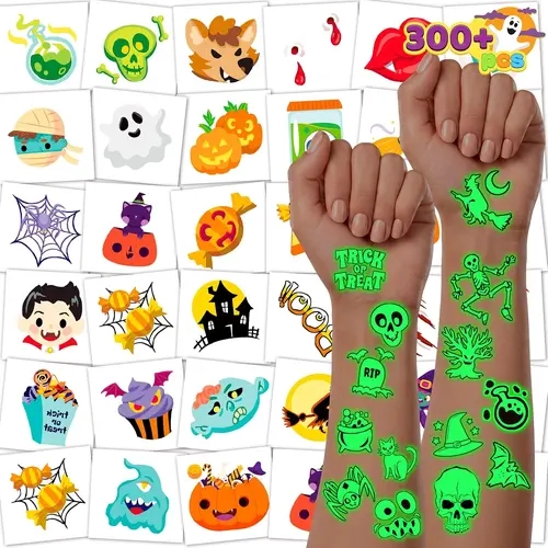 JOYIN 306 Pcs Halloween Tattoos for Kids, Glowing Temporary Tattoos in Assorted Designs Bulk for Child Trick or Treat Gifts Halloween Party Favor Decorations Goodie Bags Supplies Class Game Prizes,Crochet Toys/Building Blocks/Wind Up toys