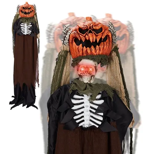 VINGLI Life-Size Standing Animatronic Pumpkin-Head Ghost Figure - Sound-Activated Haunted House Statue Outdoor Holiday Decorations, Outdoor Indoor Decorative Yard Art, Spooky Eyes & Sounds Prop for Garden Lawn