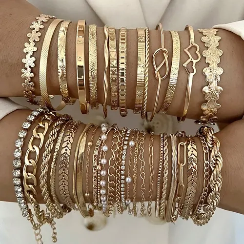 Women's Vintage Geometric Stacking Bracelets Mix Sets - 5/11/18 Pcs, 11pcs Mix with Braided Pearls, Crystal Beaded Bracelet, Multi-Layered Zinc Alloy Jewelry for Women, Daily Casual Wear