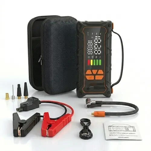 4000A Boost Handheld Lithium Ion 12V Car Jump Starter Multi-Tool with 160PSI Tire Inflator, 15000mAh USB Fast Charging Power Bank, LED Light, 12V/2A Port, 23.6in/60cm Cable, Detachable Parts for Car Batteries, Bicycles