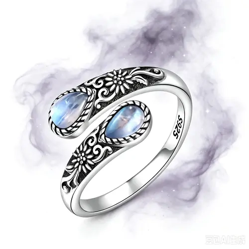 Women's Silver Tone Vintage Classic Floral Design Ring - Round Cut Opal Engraved Relief Band, Adjustable Open Hypoallergenic Alternative Style Thumb Costume Jewelry, Anniversary Valentine’s Gift
