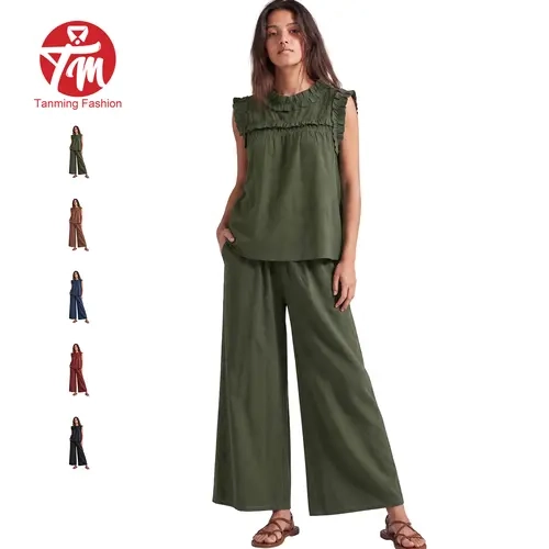 Tanming Womens Cotton Linen Ruffled Trim 2 Piece Set - Mock Neck Sleeveless Top & High Waisted Wide Leg Palazzo Pants - Two Piece Outfit Matching Set - Spring Summer Fall Vacation Casual Daily Loungewear