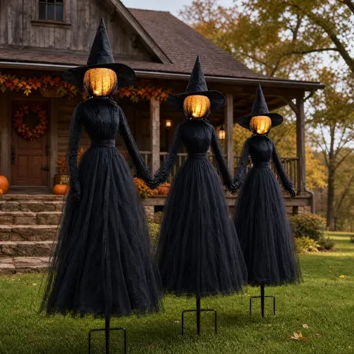 Hourleey 3-Pack 6 FT Luminous Witch Stakes with Circle Insert, Built-In Glowing Faces, Hand-Holding Pose, Broom Stick, Sturdy Easy-Install Outdoor Halloween Decorations for Yard Garden