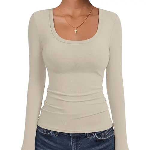 ANRABESS Women's Wool Blend Fitted Long Sleeve Shirts | Square Scoop Neck Basic Tops, Soft Flexible Fabric, Casual Office Tee Shirt, Fall Winter Layering Clothes