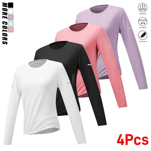 Women's Crewneck Workout Tops (Pack of 4) - Athletic Sportswear, Long Sleeve Tops Women, Dry Fit Pullover, Quick-Dry Polyester, Reflective Stripes, Breathable, Lightweight, Normal Fit, Casual Style for Running, Fitness, All Seasons