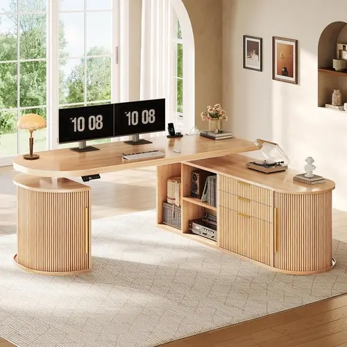 SEDETA 57" Classic L-Shaped Electric Height Adjustable Desk for Home Office, Elegant Desks & Workstations with Curved Panels, Fluted Executive Design, Storage, Drawers, 4-Outlet USB Power Strip, 57"x51.2" Corner Fit, 200 lbs Capacity for Dual Monitors