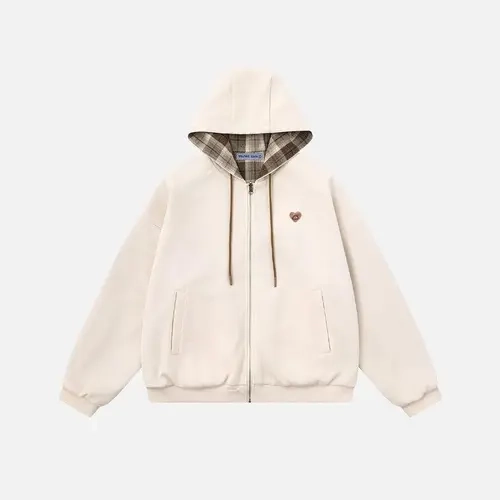 Aelfric Eden Boxy Reversible Plaid Zip Up Hoodie Boxy Oversized Fit Reversible Design Plaid Lined Hood & Drawstrings Soft Knit Fabric Retro Streetwear Unisex Outerwear