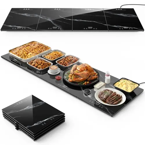 FEPPO Marble-Look Tempered Glass Food Warming Tray - 4-in-1 Electric Warmer with 4 Independent Adjustable Heat Zones, Built-in Timer, Safety Lock for Home Kitchen Parties