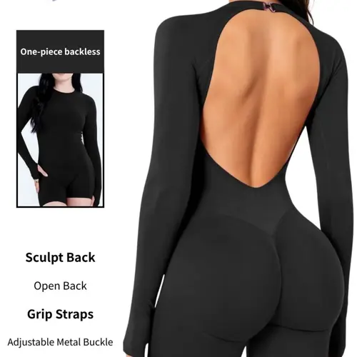 Women Solid Long Sleeve Backless Bodysuit Shorts, Tummy Control Butt Lifting One Piece, rare aesthetic Hot Girl Style, Great for Spring Summer Fitness Outdoor Daily OOTD