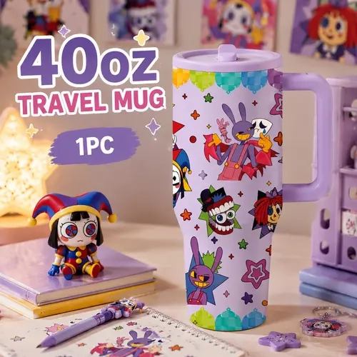 1 Pc 40 oz The Amazing Digital Circus Insulated Tumbler with Handle, Double-Wall Vacuum Travel Mug, Cartoon Character Coffee Cup, Great for Office, School & Travel, Holiday Gift, Thermal Tumbler