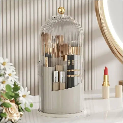 1pc Transparent PS Plastic Rotatable Cosmetic Storage Box with White Cover, 360° Rotating Dustproof Water-Resistant Small Size Boxes for Vanity Countertop Beauty Tools Organization