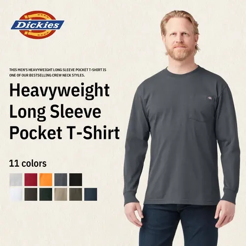 Dickies | Heavyweight Long Sleeve Pocket T-Shirt,100% Cotton,Long Tail,Tagless Label,Classic Crew Neck,Chest Pocket,Workwear Style