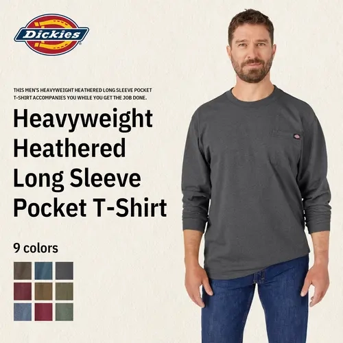 Dickies | Heavyweight Heathered Long Sleeve Pocket T-Shirt,Long Tail, Chest Pocket, Tagless Label, Reinforced Seams, Workwear Style
