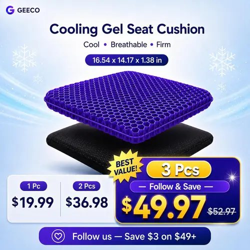 GEECO Firm Gel Seat Cushion for Office Chair & Car, Breathable Honeycomb Cooling Chair Pad with Non-Slip Bottom and Removable Machine-Washable Cover