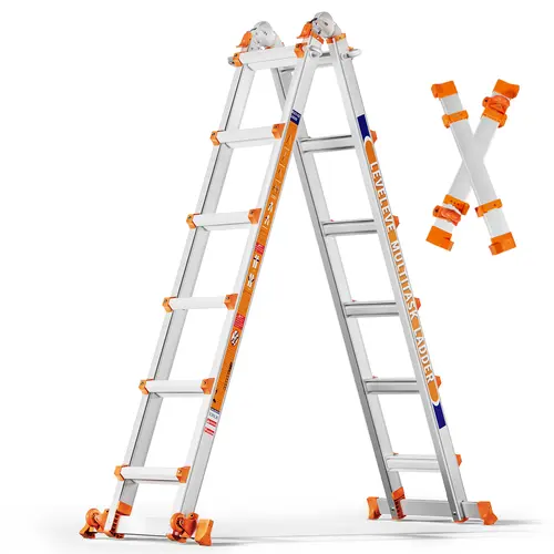 LEVELEVE Adjustable Aluminum Collapsible Portable Extension Ladder - Foldable Multi-Purpose A-Frame Step Ladder with Stabilizer Bars, Narrow Folded Width, 330LBS Load Capacity, Wheels, Both Indoor/Outd., Converts Easily for Home & Roof Work