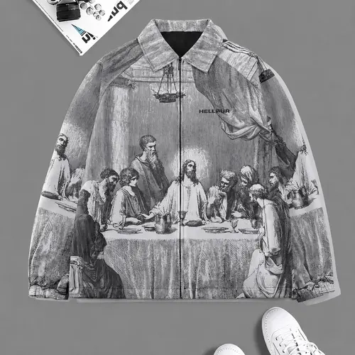 Men's Retro Art Print Jacket, Casual Streetwear Windbreaker, Lightweight Woven Zip Up with Elastic Cuffs, Comfortable Relaxed Fit, Jackets, Graphic Jackets, Comfortable For Everyday Use fall