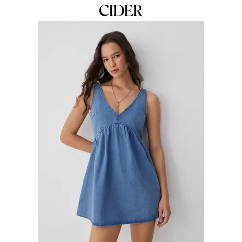 Cider Denim V-neck Tie Back A-line Oversized Mini Dress