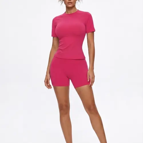 Women  Activewear Matching Set Raglan Short Sleeve Crop Top Tummy Compression High Waist Glute Lifting Biker Shorts Stretch Seamless Gym Yoga Workout Tracksuit backtoschool,back to school,back to school haul