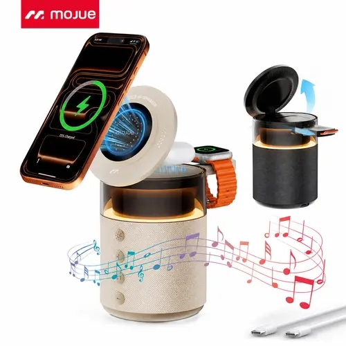 MOJUE 5-in-1 Portable Magnetic Wireless Induction Audio Speaker Stand, Qi2 Certified 15W Fast Charger, 360° Adjustable Smartphone/Tablet Stand with Colorful Ambient Light, Compatible with iPhone 18/17/16/15/14/13/12 Pro Max, Apple Watches, AirPods Pro