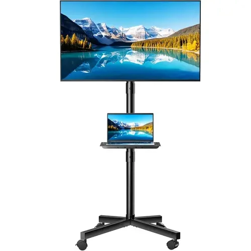 Mobile Rolling TV Cart Stand with AV Media Shelf, Height & Tilt Adjustable Floor TV Stand for 23–65 Inch TVs, Lockable 360° Silent Casters, Heavy Duty 66 LBS Capacity Portable TV Cart for Home Gym Office Bedroom