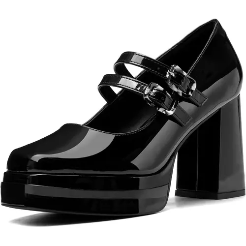 Coutgo Women's Mary Jane Platform Heels - 2-Strap, Square Toe, Chunky Block Heel Buckle, Lightweight Minimalist Rubber Shoes for Casual Wear & Parties, Black Mary Jane Style Shoes for Women