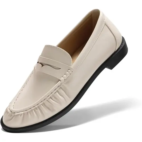 Coutgo Women's Modern Loafers - Beige PU & Black Chocolate Faux Leather Plain Penny Shoes for Women, Closed-Toe Lightweight Slip-On Flats with Collapsible Heel, All Seasons for Work & Out