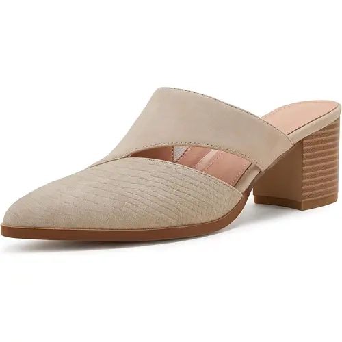 Coutgo Women's Closed-Toe Pointed Toe Mules - Chunky Stacked Heel, Slip-On Pull-On, Cutout Backless, Plain Polyester Casual Ankle Shoes for Lightweight Wear, Black
