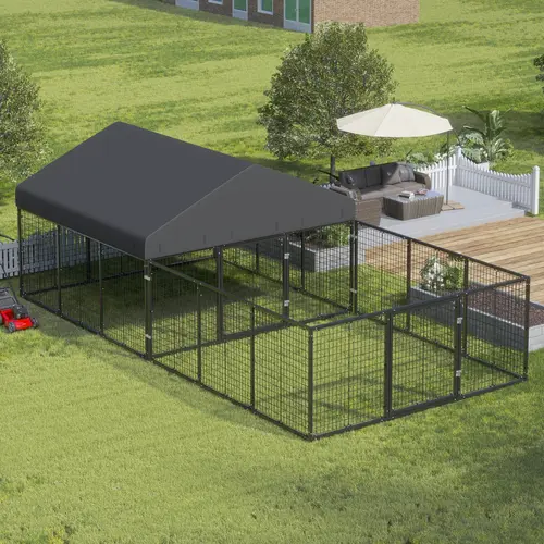 PETONY Outdoor Crate Kennel Enclosure for Small/Medium Dogs, Heavy-Duty Metal Fence Backyard Cage with Rust Protection, Waterproof Roof, All-Weather Resistant Design, Mesh Walls & Double Locks