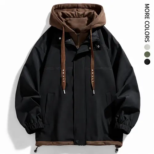 Men's Colorblock Letter Pocket Longsleeves Drawstring Hooded Jacket, Regular Fit Casual Windproof Long Sleeve Hoodie Jumper for Fall & Winter, Men's Clothes for Daily Wear, Fall Clothes 2026 Tops, Waterproof Jacket