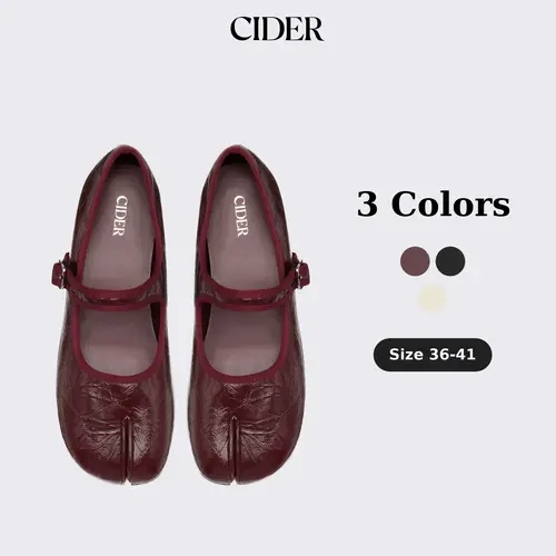 Cider BUCKET SPLIT TOE MARY JANE FLATS-Wrinkled Leather Shoes, Sock-Like Ribbed Trim, Buckle Strap, Women's Fashion Flats