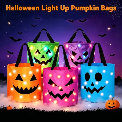 Spooky Halloween LED Lights Pumpkin Face Reusable Party Bag with Carry Handle - Children's Goodie/Loot Bag, Trick-or-Treat Candy Container, Quirky Gift, Festive Reusable Party Supplies