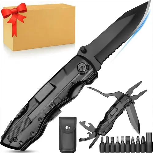 Gifts for Men Multitool Folding Pocket Knife, Stainless Steel Utility Blade, Ideal Stocking Stuffer, Birthday Father's Day Valentine's Day Present for Dad Husband Him, Portable Multi Tool for Camping Outdoor Emergency Survival Use