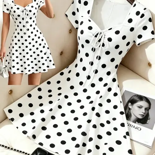 Summer New Square Neck Drawstring Polka Dot Dress, Waist Cinch A-Line Skirt, Elegant Short Women's Dress, Fashionable Summer, Beach Travel Dress