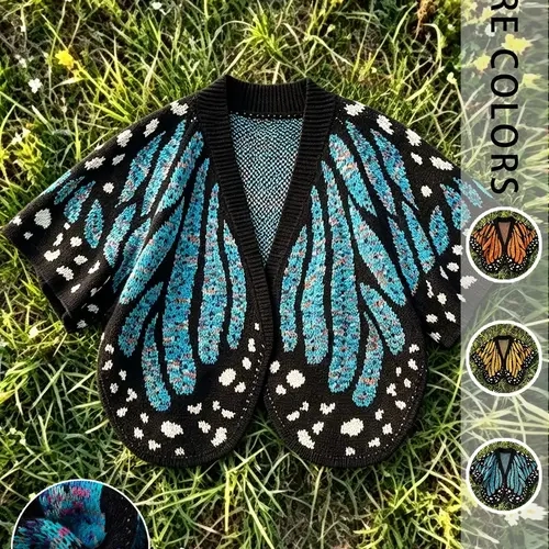 Women's Boho Style Butterfly Print Open Front Short Loose Knit Cardigan, Casual Batwing Sleeve Knit Outerwear for Fall, Fashionable Knitwear for Women